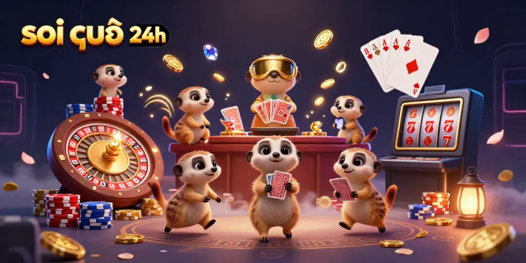 Experience the vibrant world of soi cầu 24h with meerkats managing a colorful gambling scene.
