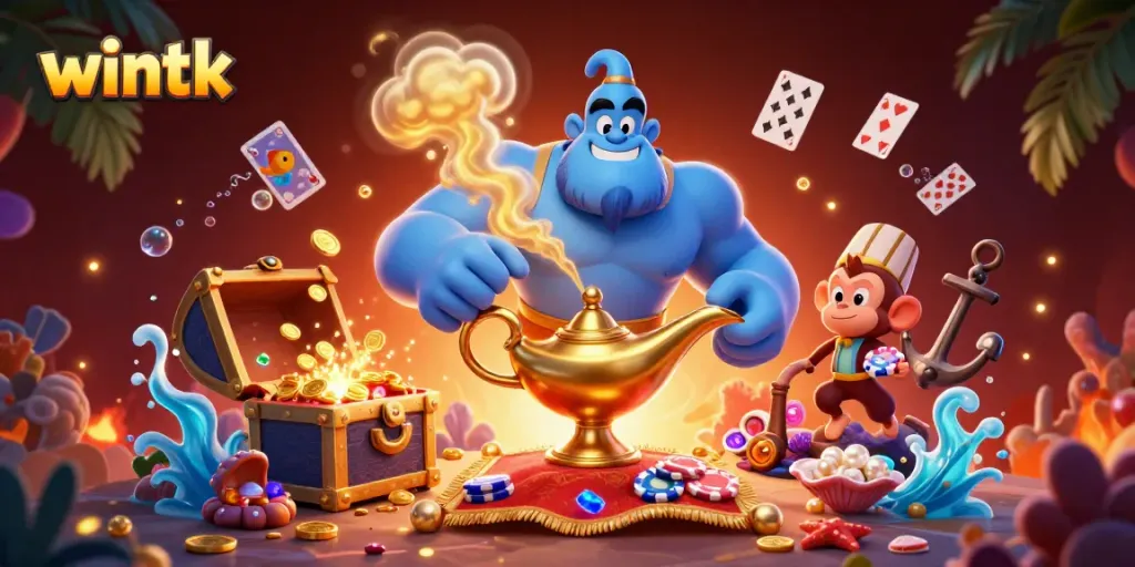 Engage in exciting gameplay with wintk's vibrant casino-themed illustration featuring a genie and treasures.