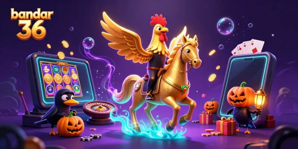 Bandar 36 menampilkan ilustrasi kasino malam dengan ayam jantan emas dan elemen permainan slot yang menarik.