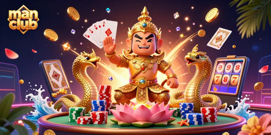 Cascading gold coins and a friendly yaksha guardian illustrate man club's lively casino experience.
