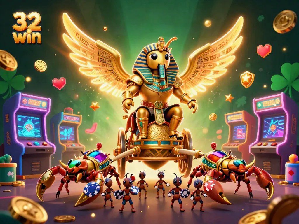 Experience thrilling casino gaming with 32 win as a golden scarab beetle and scorpions create excitement.