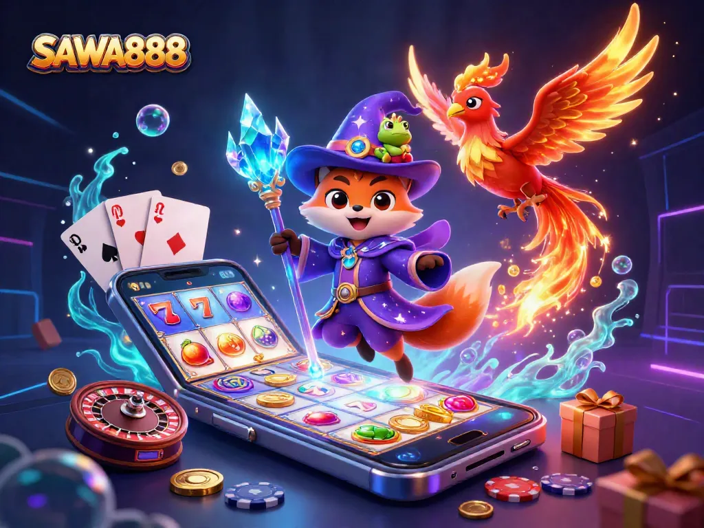 Spin the reels with SAWA888 in a vibrant, magical casino scene featuring a wizard, phoenix, and rich game elements.
