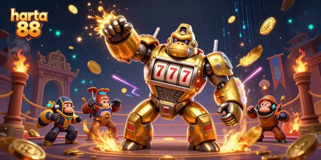 Engage with harta 88’s thrilling slot action featuring a dynamic golden gorilla mech.