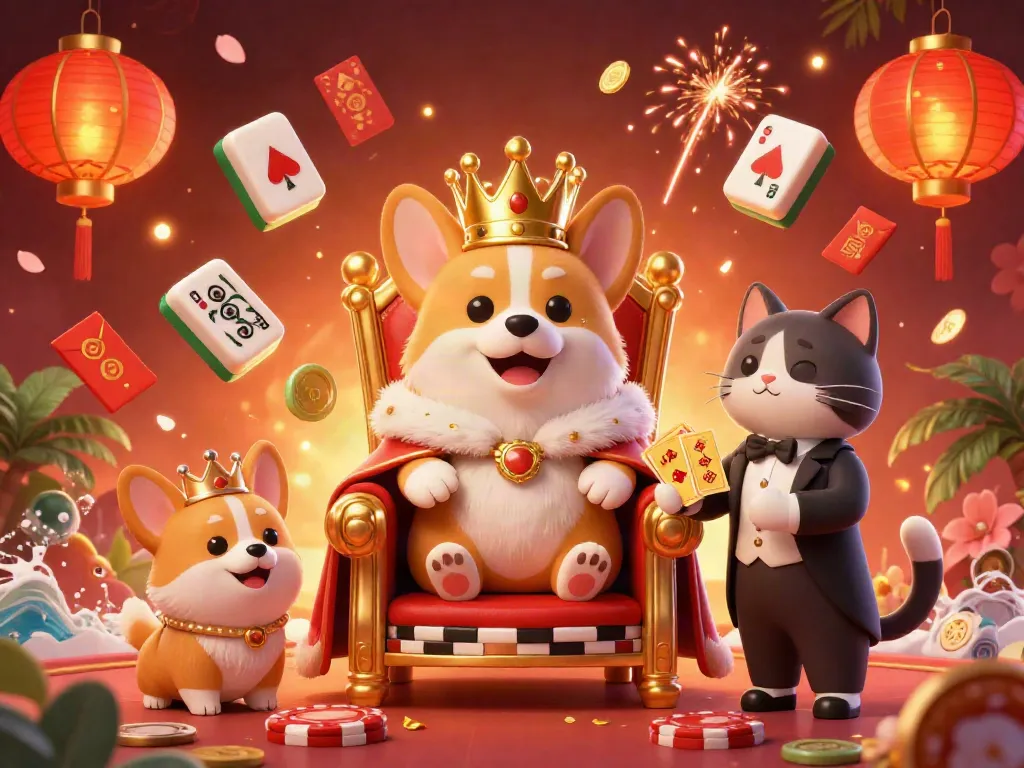 Experience excitement at hitclub with a royal corgi surrounded by dynamic casino elements in a vibrant 3D illustration.