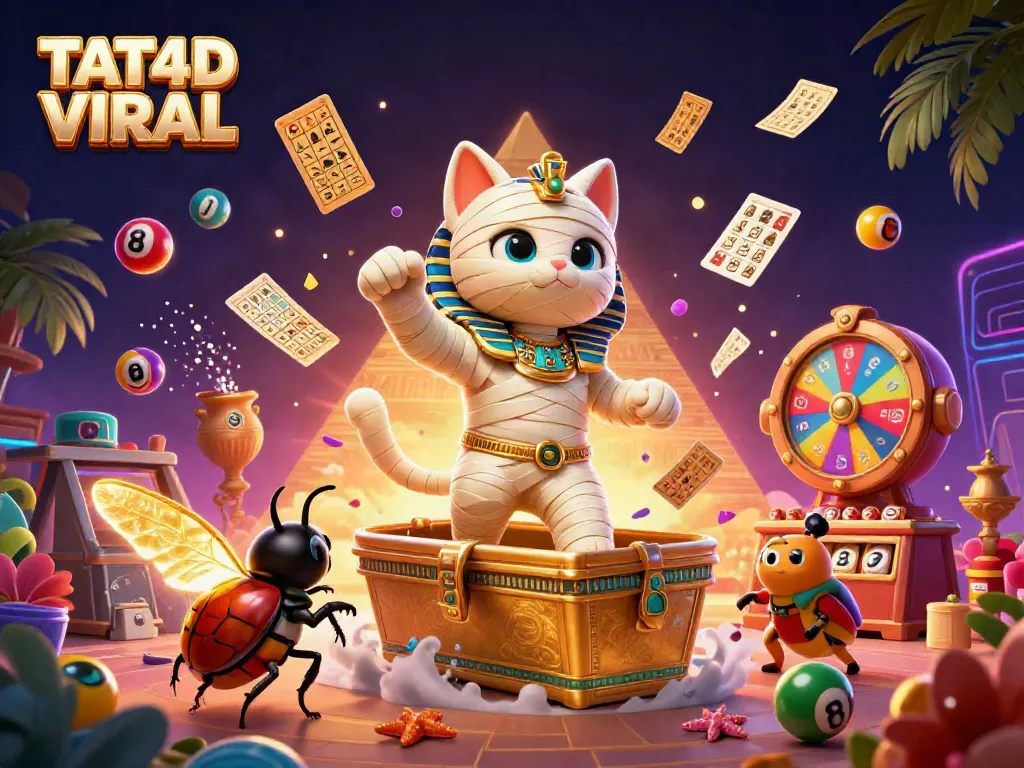 Experience exhilarating gaming with TAT4D VIRAL, featuring a dazzling mummy cat and vibrant lottery elements.