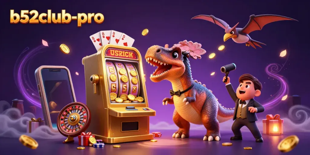 Spin the reels at b52club-pro as a dinosaur celebrates jackpot wins with flying coins!
