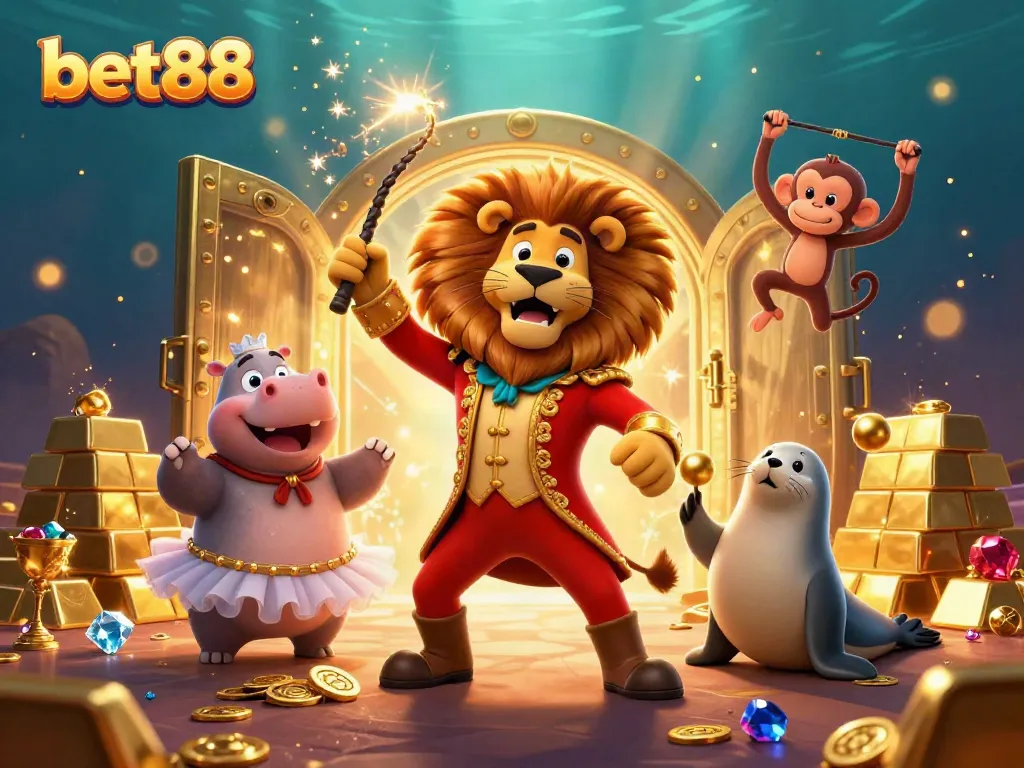 Experience the dazzling action with bet88 as a lion ringmaster commands the stage in a colorful casino setting.