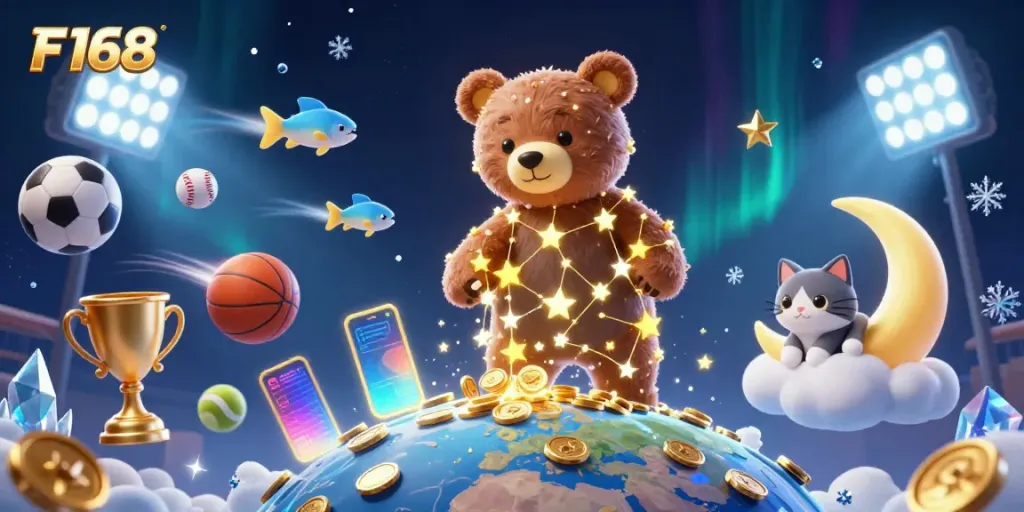 Experience winning with F168 in a vibrant 3D gambling galaxy filled with sports and casino elements.