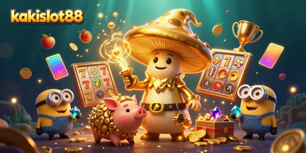 Permainan slot kakislot88 yang menarik dengan karakter si penyihir jamur emas dan elemen kasino lainnya.