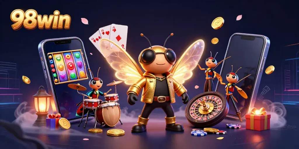 Experience the excitement of 98win with a vibrant casino scene featuring a rock star cicada and buzzing elements.