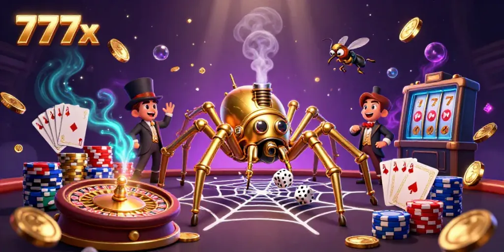Engage in thrilling 777x gaming with a steampunk spider and Victorian fly amidst vibrant casino elements.