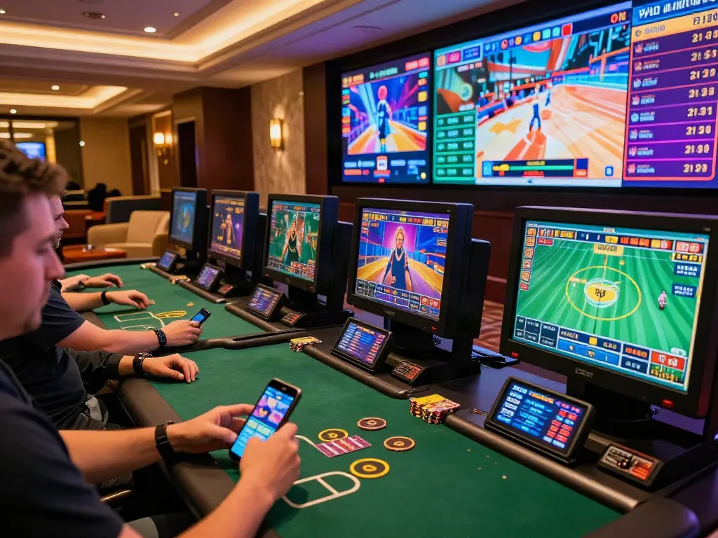 Dynamic online gambling scene showcasing players engaged in games like pecah 404 with vibrant casino atmosphere.