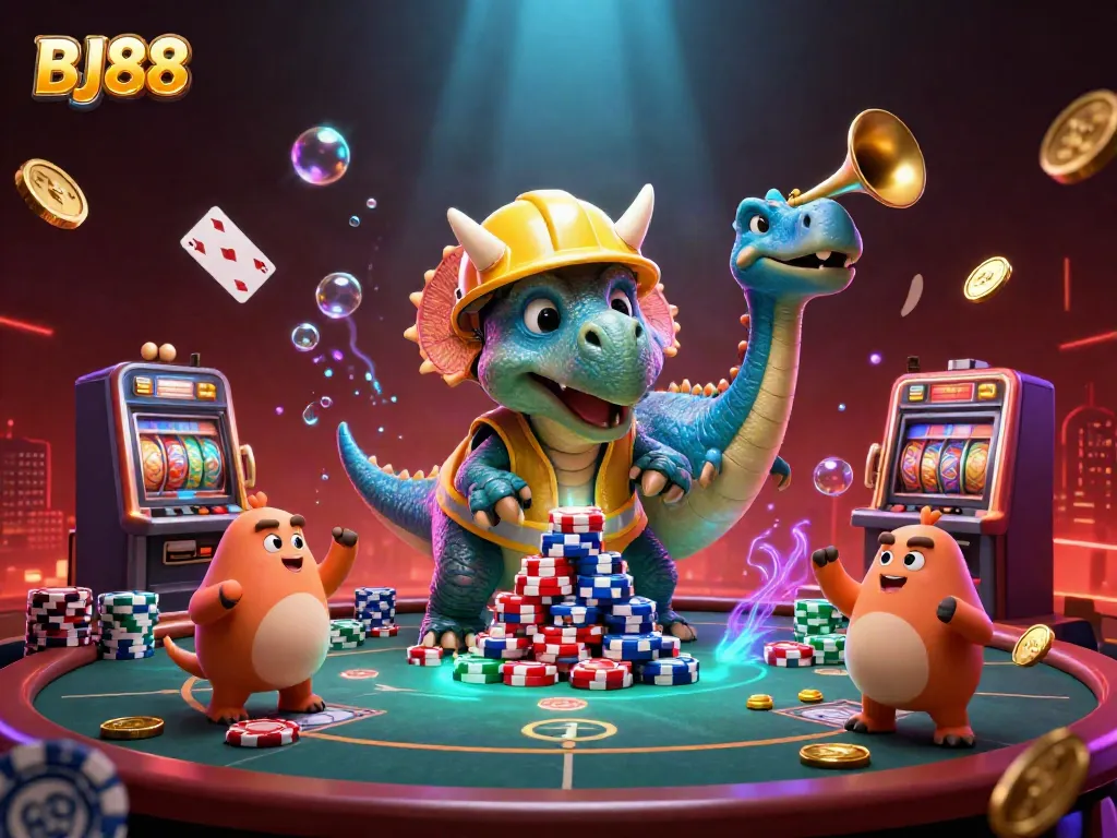 Engage with BJ88's thrilling poker experience featuring a dinosaur construction scene.