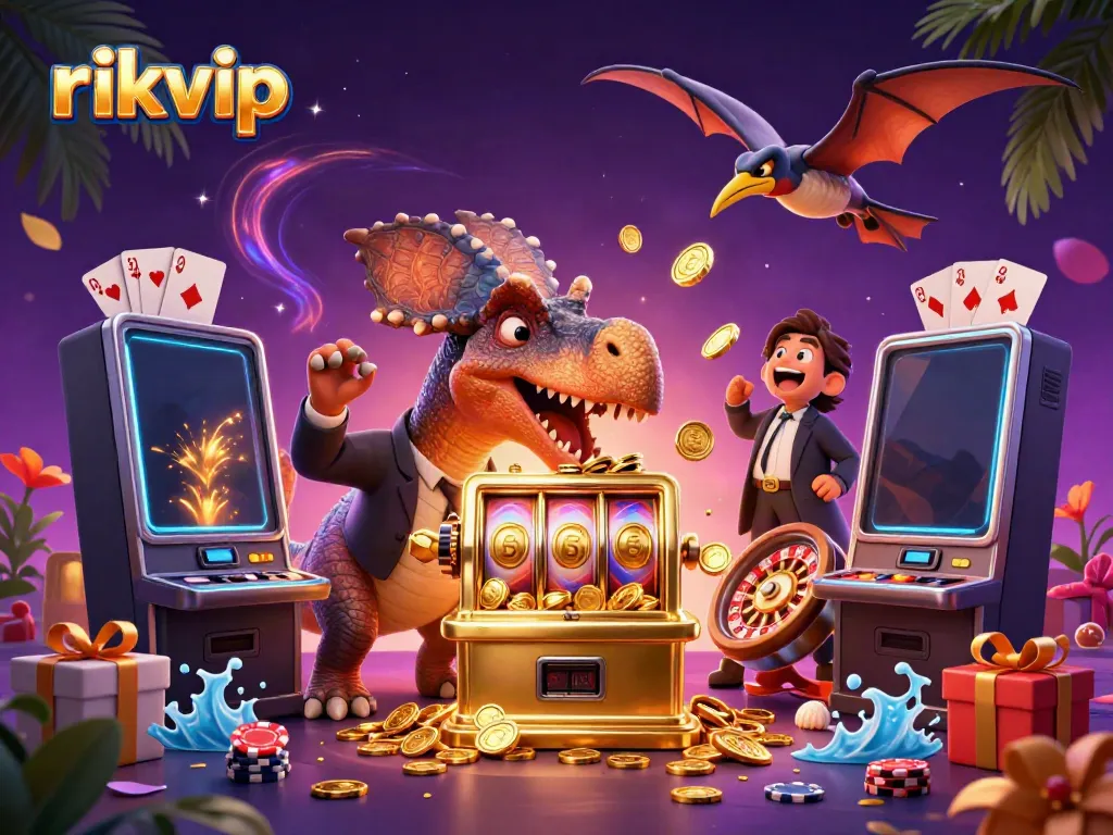 Experience the excitement of rikvip as a pachycephalosaurus triggers jackpot wins amidst flying coins and dynamic casino elements.
