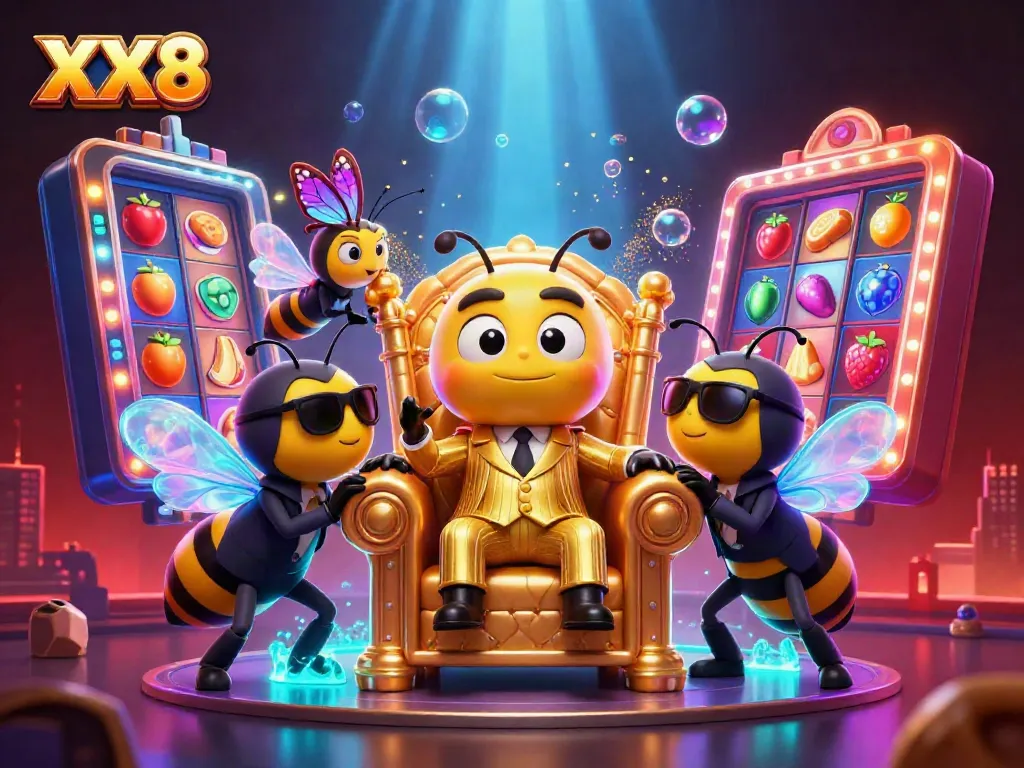 Experience the vibrant world of XX8 with a bumblebee mob boss amidst dazzling slot reels and jackpots.