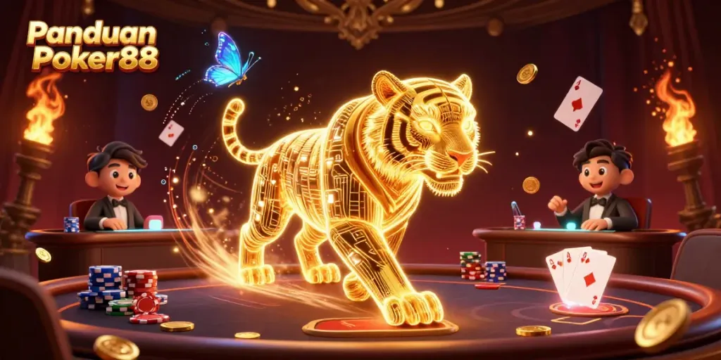 Engage with "Panduan Poker88" through a vibrant casino scene featuring a neon tiger and poker elements.