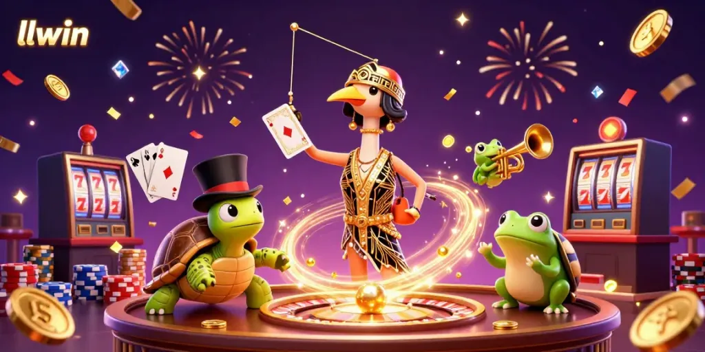 Experience high-stakes gaming with LLWIN's vibrant casino illustration, featuring animated characters and rich gaming elements.
