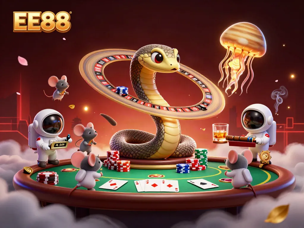 Interactive betting scene with astronaut mice at an EE88 roulette wheel amidst colorful poker chips.