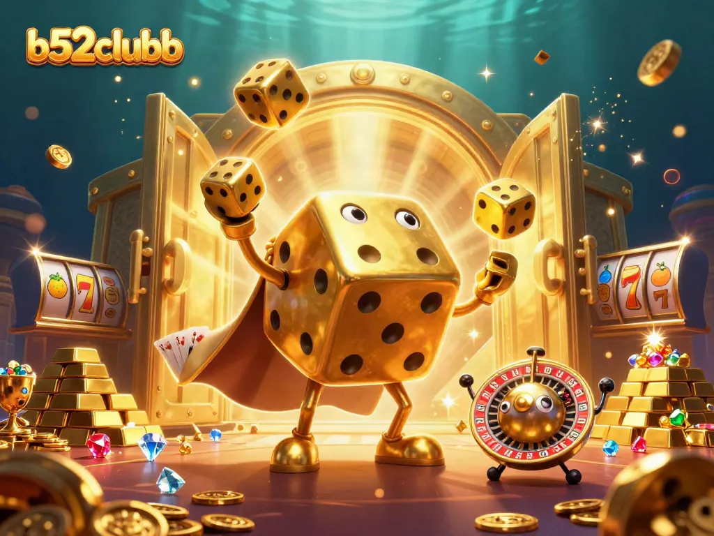 Engage with b52clubb's vibrant casino scene featuring a golden dice golem and slot symbols.