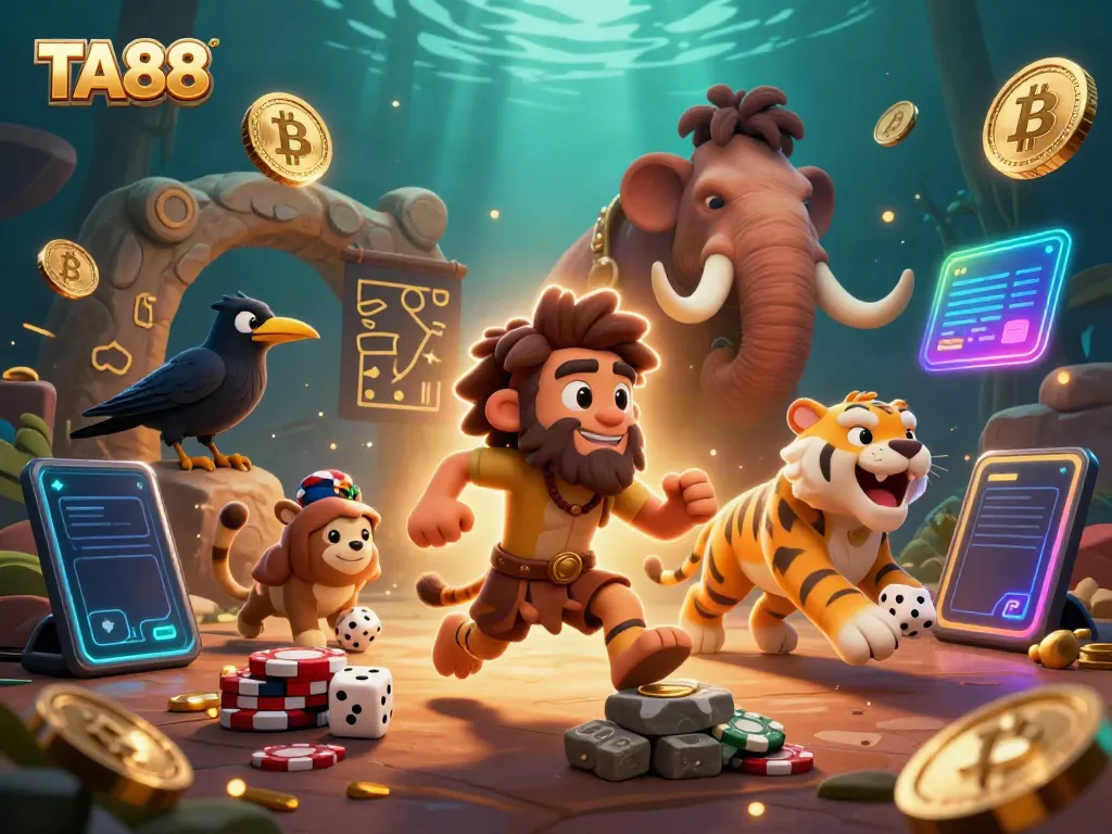 Engage in thrilling gaming at TA88 with this vibrant 3D rendering of a prehistoric casino scene.