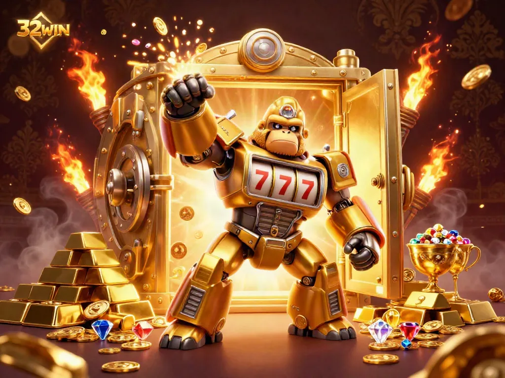 Experience the excitement of 32WIN casino with a dynamic golden mech and treasure elements.