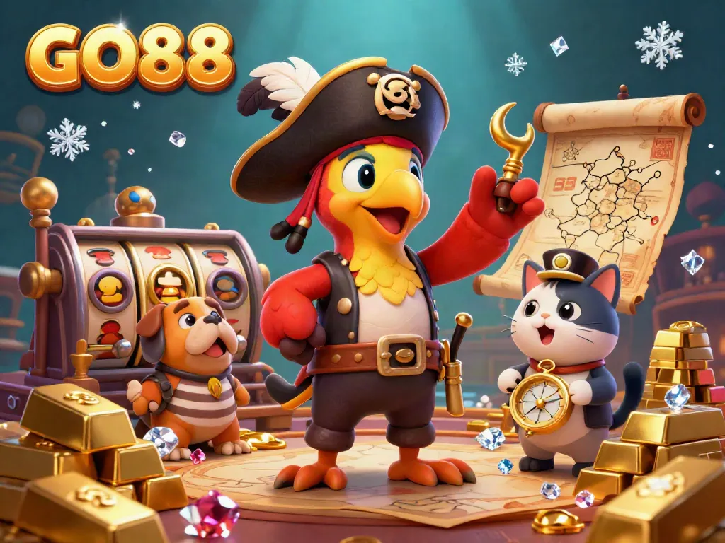 Experience the excitement of GO88 with a vibrant pirate-themed casino scene featuring a captain parrot and treasure.