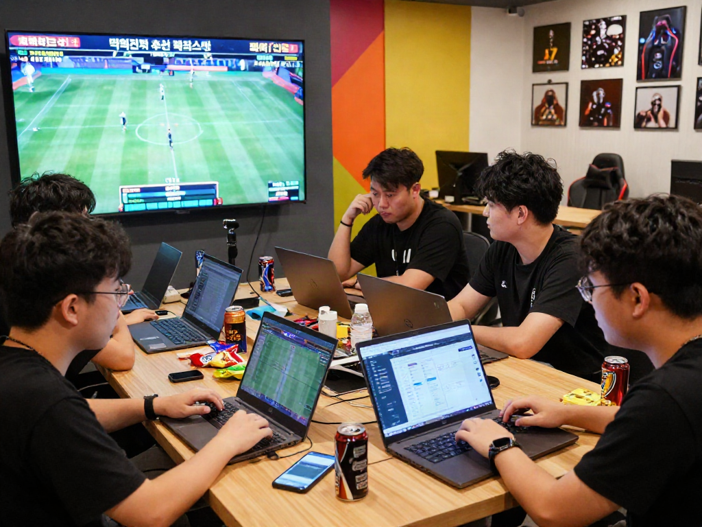 Community members discussing 먹튀검증 추천 먹튀스팟 while analyzing live sports on screens, highlighting engagement and excitement.