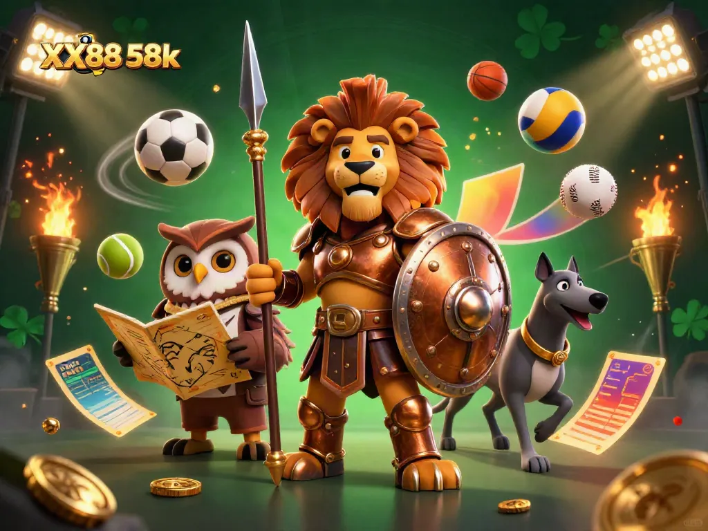 Experience an exciting gaming adventure with XX88 58k as the Spartan lion and friends celebrate through dynamic sports elements.