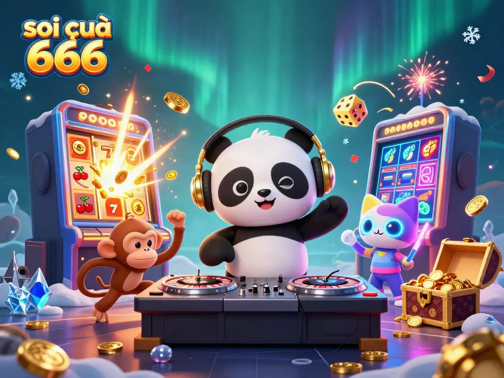 Enjoy an exhilarating gaming experience with soi cầu 666, featuring a DJ panda, breakdancing monkey, and vibrant casino elements.