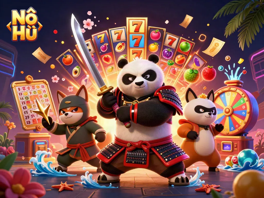 Nổ Hũ showcases a fierce samurai panda and ninja fox in a dynamic casino scene, celebrating slots with vibrant elements.