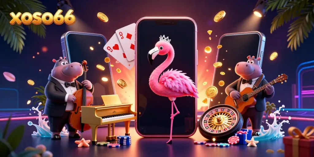 Experience the vibrant xoso66 casino scene with a flamingo vocalist and hippo bassist surrounded by slots and poker highlights.