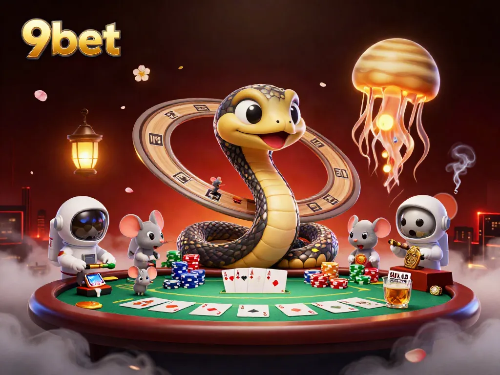 Engage with 9bet in a colorful, dynamic casino scene featuring astronaut mice betting in outer space.