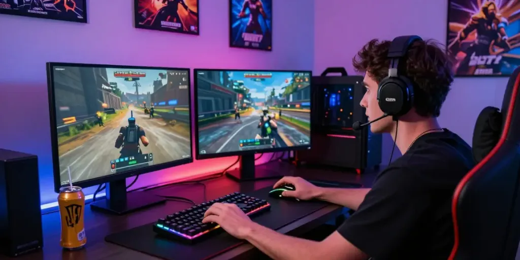 Excited gamer immersed in virtual gameplay showcasing kilat 404 themed accessories in a modern setup.
