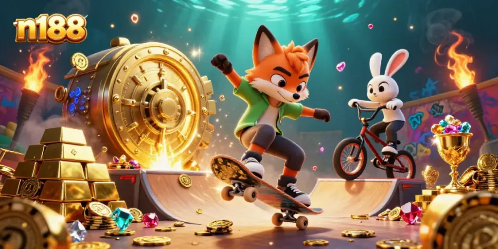 Experience n188's exhilarating casino atmosphere with playful cartoon characters surrounded by treasures and vibrant colors.
