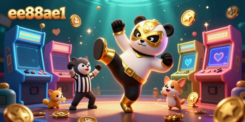 Experience the thrill of gaming with ee88ae1's hyped panda wrestling charm in a lively casino scene.