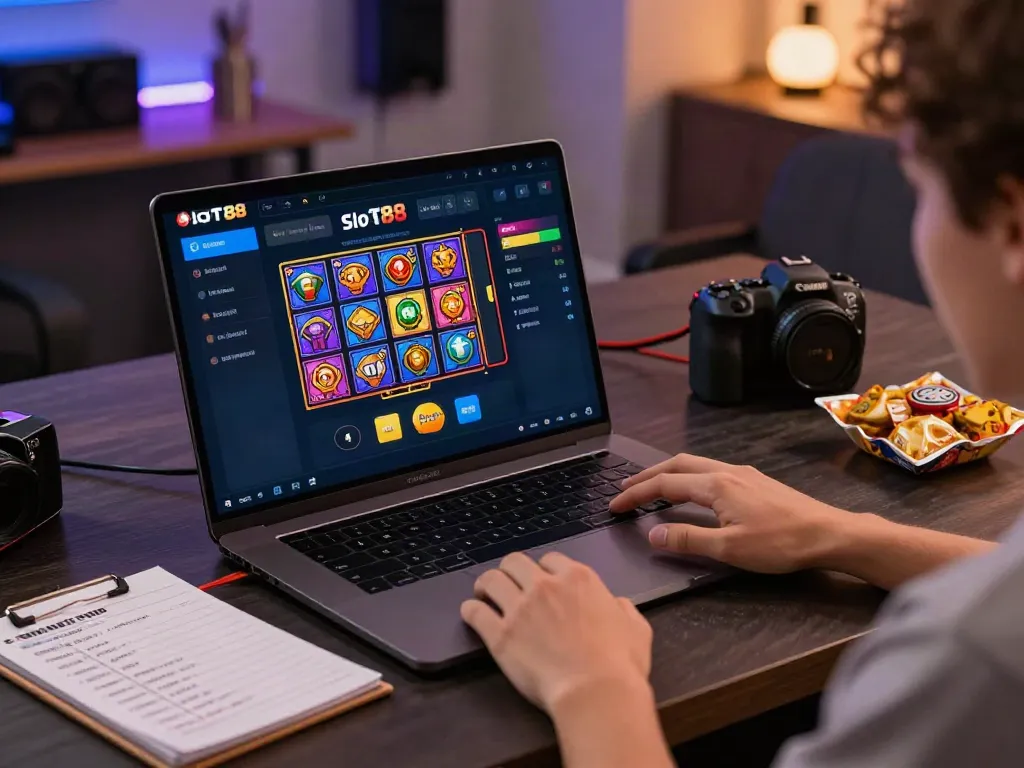 Engaged user playing slot88 on a laptop with snacks and smartphone visible.