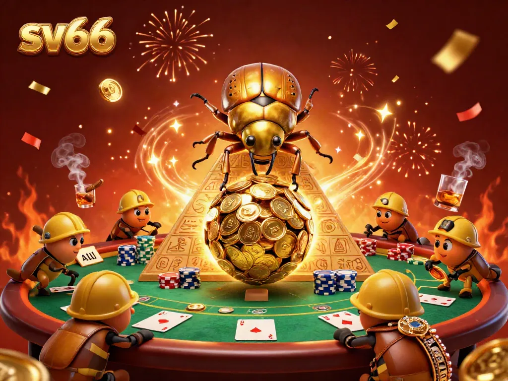 Experience the thrilling gameplay of sv66 with a golden dung beetle in Vegas-style action.