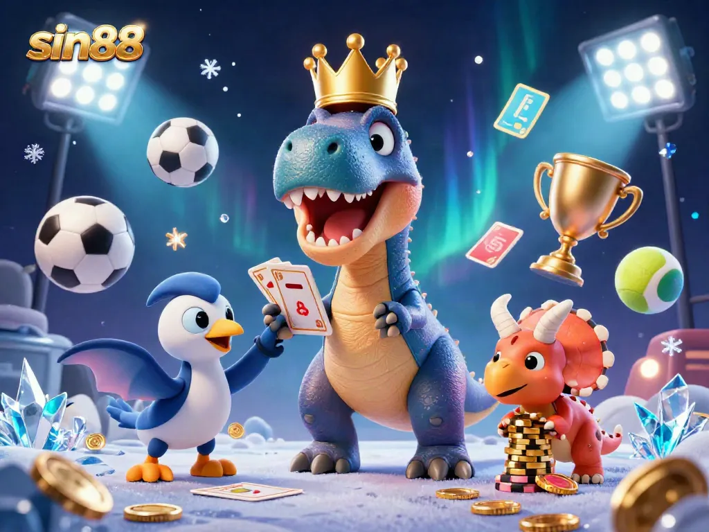 Join the excitement of sin88 with animated dinosaurs, sports balls, and golden chips in a vibrant casino scene