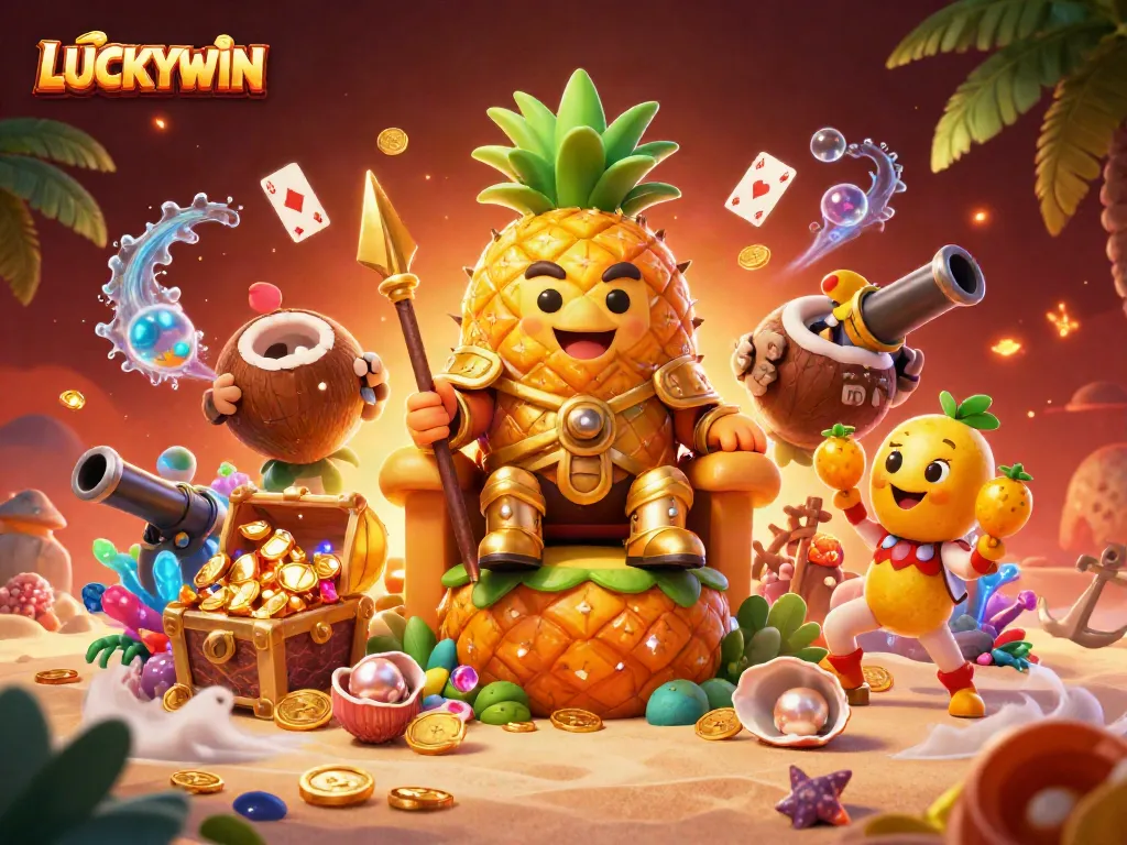 LUCKYWIN showcases the golden pineapple king and his entourage in a vibrant beach casino scene.
