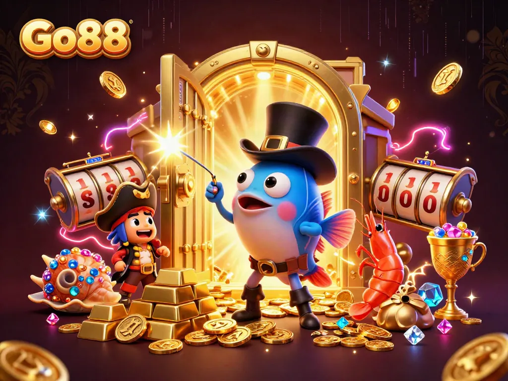 Experience the electrifying Go88 world with vibrant characters and gold treasures in a dynamic casino scene.