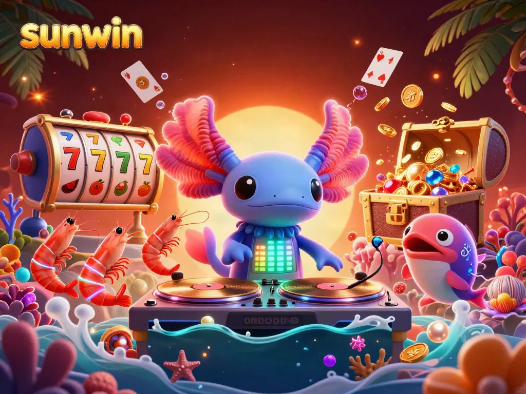 Join the sunwin party with a vibrant 3D axolotl DJ scene featuring lively dancing sea creatures.