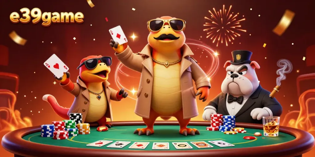 Experience excitement at e39game with animated raptors at a casino entrance, showcasing poker elements and vibrant confetti.