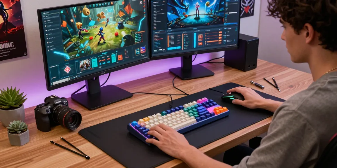 Custom keyboard setup featuring the Wooting 60HE v2 module, vibrant gaming monitors, and DIY tools.