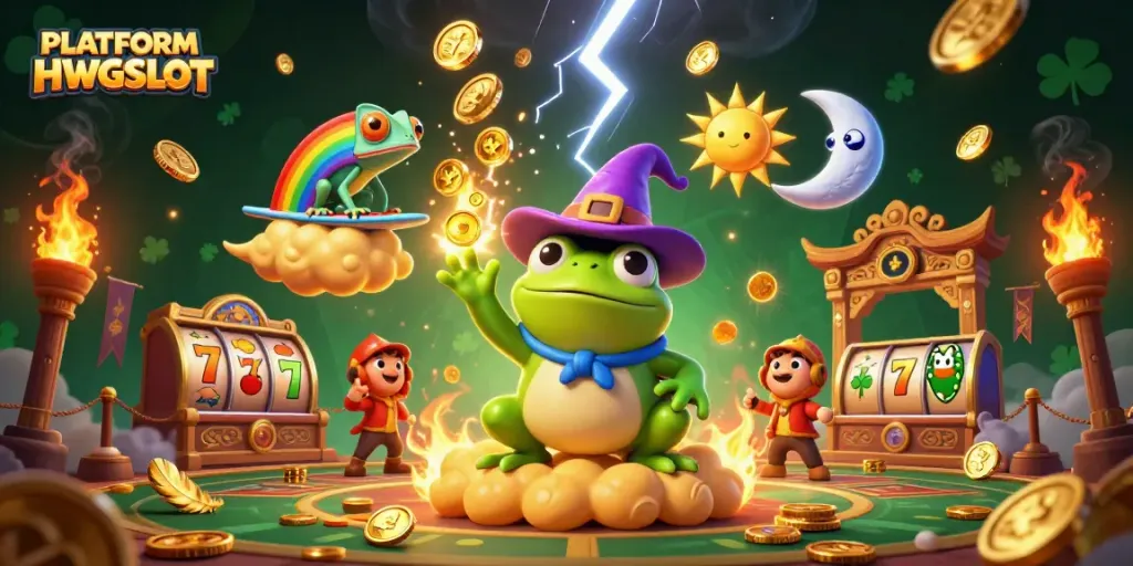 Engage in thrilling excitement with PLATFORM HWGSLOT, where golden coins rain with luck in a vibrant casino scene.