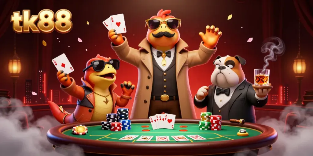 tk88 casino illustration with raptors in a trench coat attempting entry, vibrant poker elements