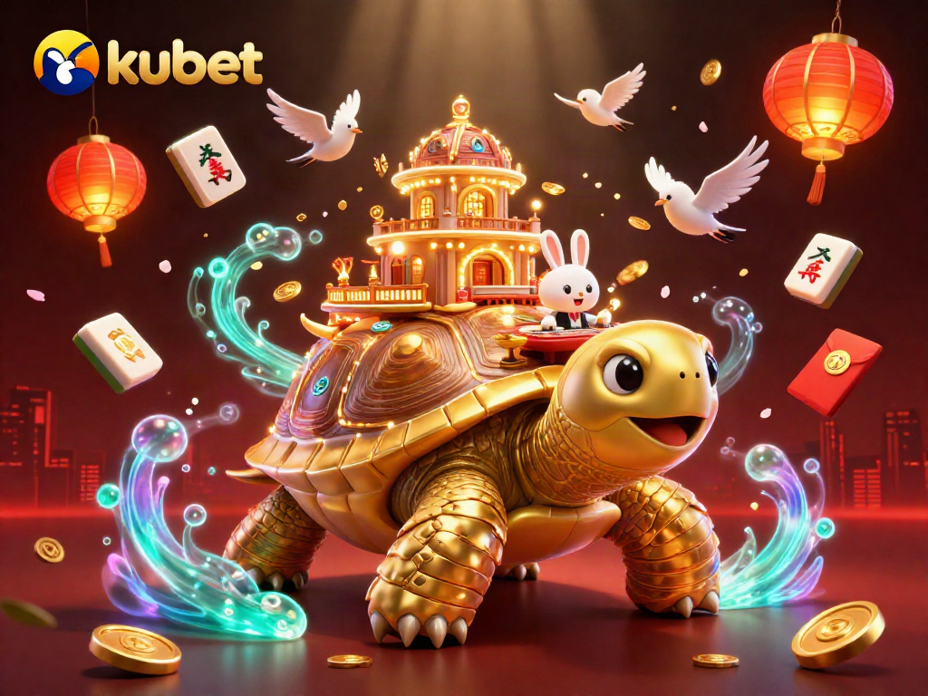 Kubet showcases a lively 3D casino scene with a golden tortoise and exciting game elements.