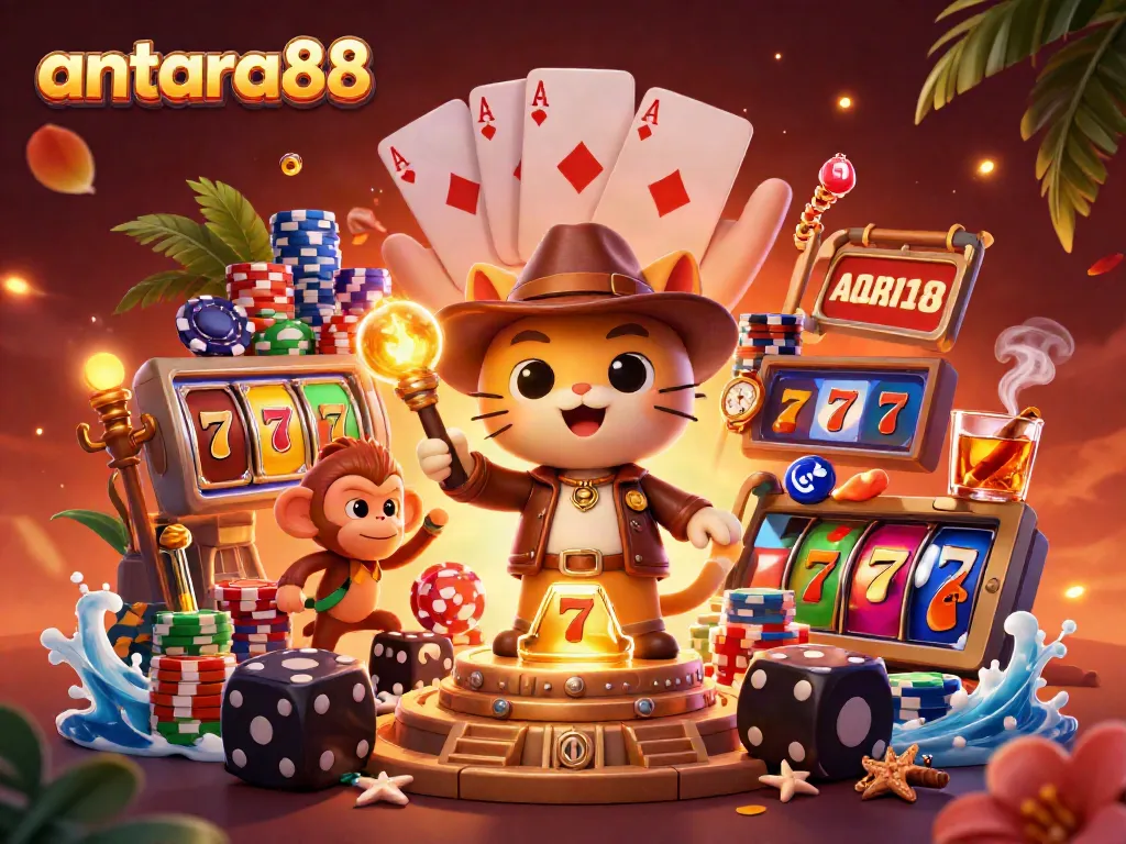 Experience the excitement of antara88 with a cartoon explorer cat discovering casino treasures, featuring vibrant slot reels and characters.