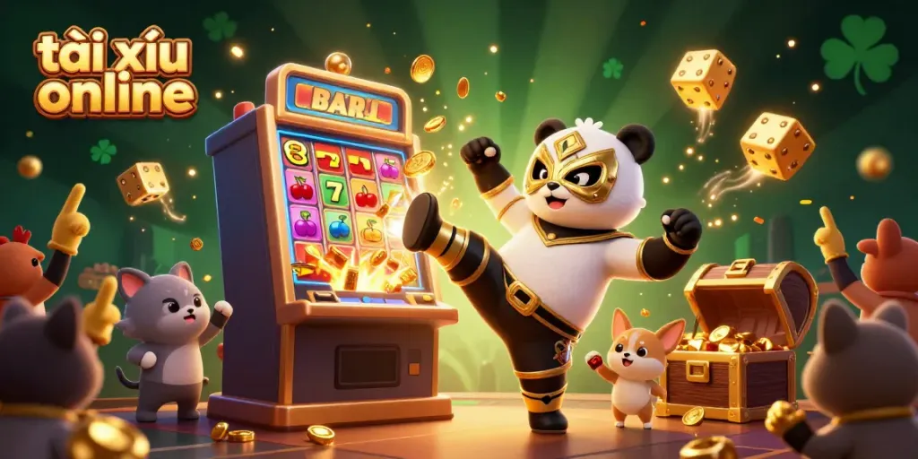 Experience the excitement of tài xỉu online with a dynamic scene featuring a wrestler panda performing, surrounded by casino elements and vibrant energy.