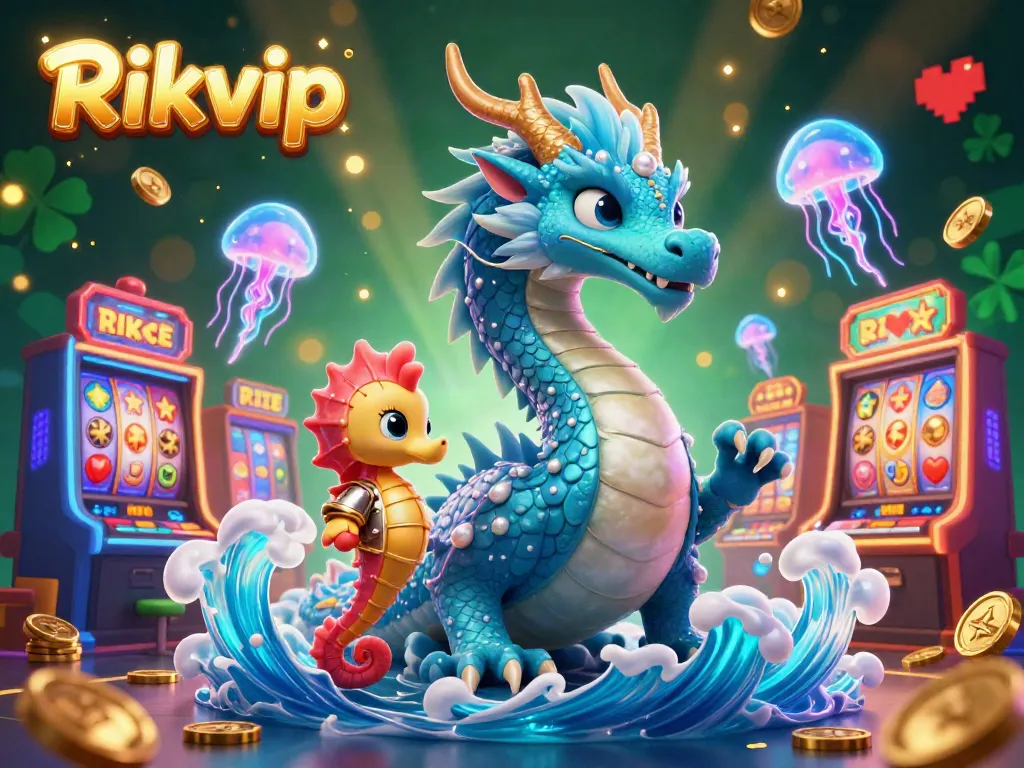 Experience the excitement of Rikvip with a dragon and seahorse knight amidst vibrant casino games.