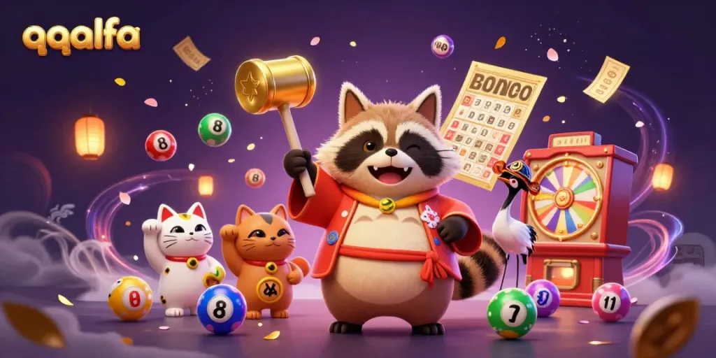 Gali keberuntungan dengan qqalfa di pesta lotere dan bingo, dikelilingi karakter penuh warna.